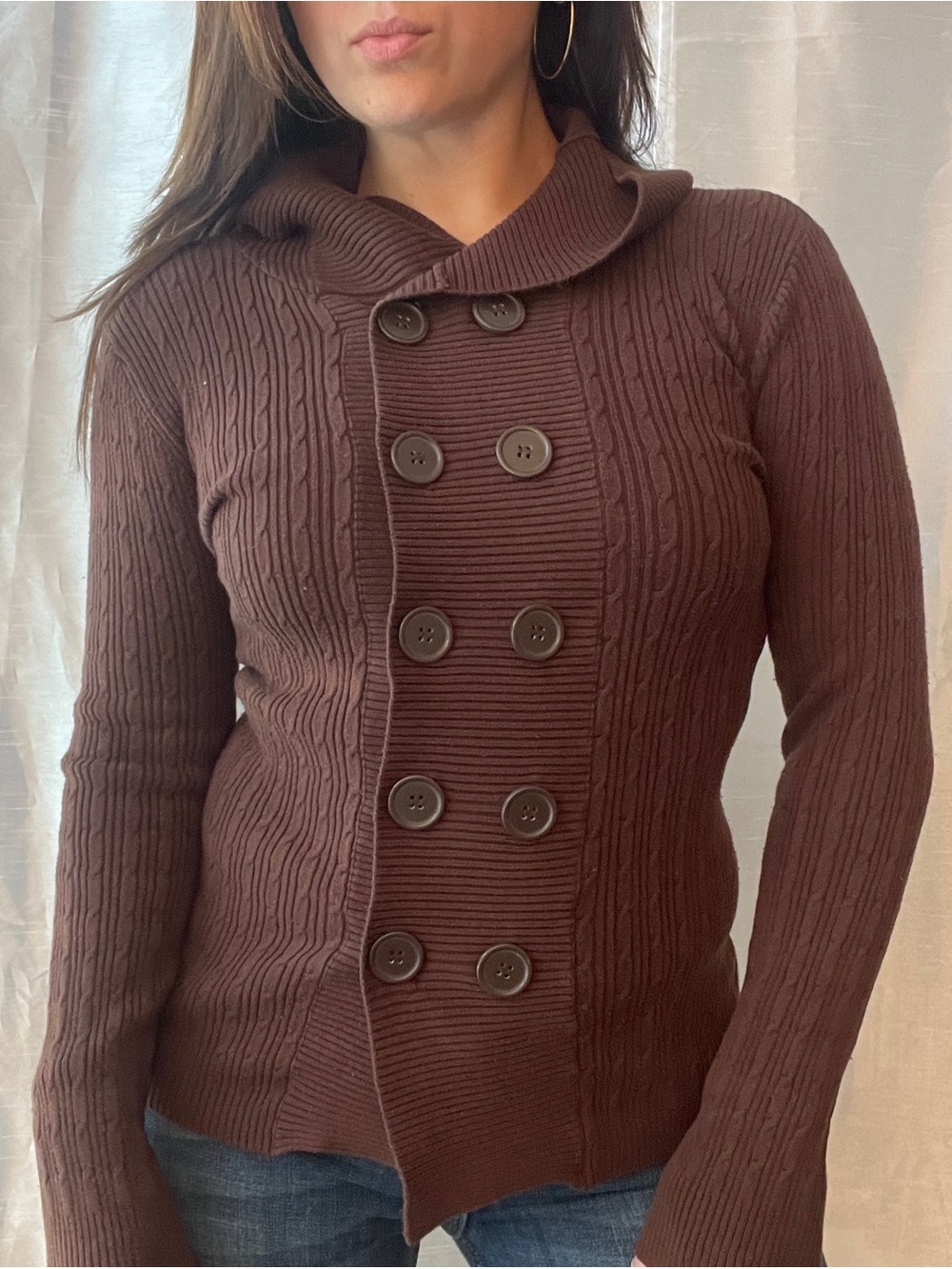 Mandee Cable Knit Cardigan Brown Double Breasted Button Boho Downtown Girl Y2K